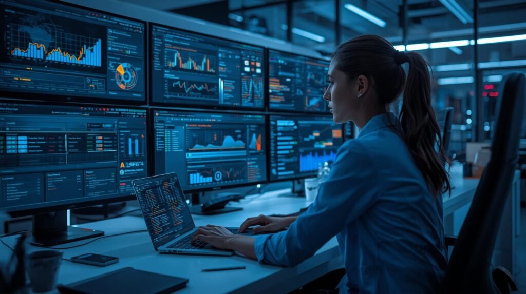 SEO specialist using AI tools for SEO and AEO analytics in a modern professional workplace.