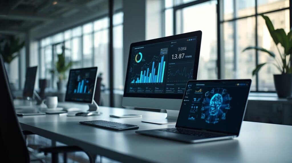 Modern small business workplace using AI-powered tools, automation software, and digital analytics technology.