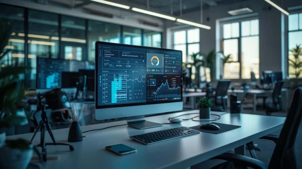 Modern small AI Tools for Small Businesses: business workplace using AI-powered tools, automation software, and digital analytics technology.