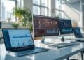 Modern small business workplace using AI-powered tools, automation software, and digital analytics technology.