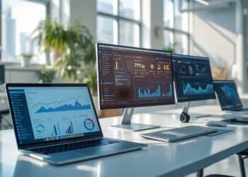 Modern small business workplace using AI-powered tools, automation software, and digital analytics technology.
