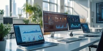 Modern small business workplace using AI-powered tools, automation software, and digital analytics technology.