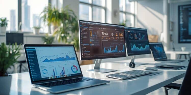 Modern small business workplace using AI-powered tools, automation software, and digital analytics technology.