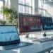 Modern small business workplace using AI-powered tools, automation software, and digital analytics technology.