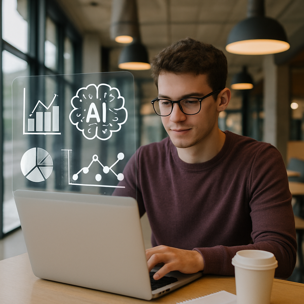 Young professional using AI-powered business tools and analytics dashboard on a laptop in a modern office workspace.