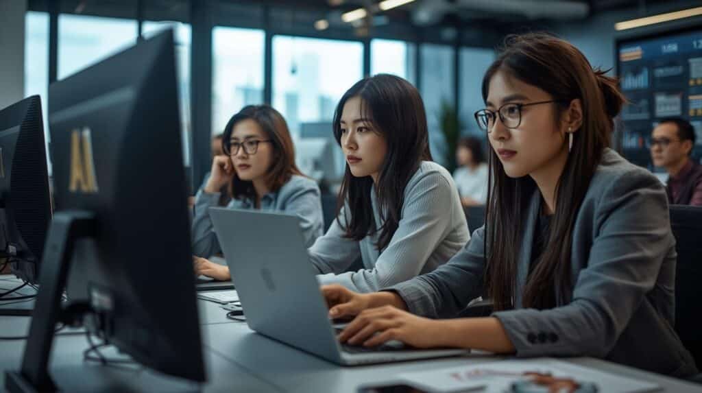 Startup team using AI-powered business tools and analytics in a modern collaborative office environment.