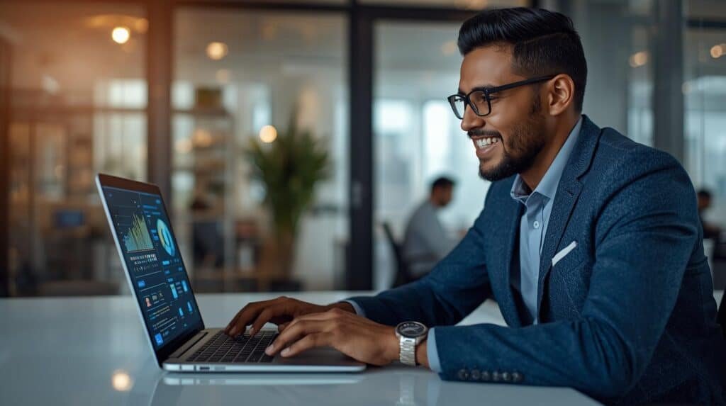 Entrepreneur using AI-powered business tools and analytics in a modern startup office workspace.
