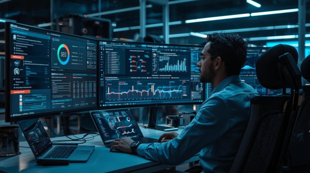 Digital marketer using AI SEO checking tools and website analytics dashboards in a modern workplace.