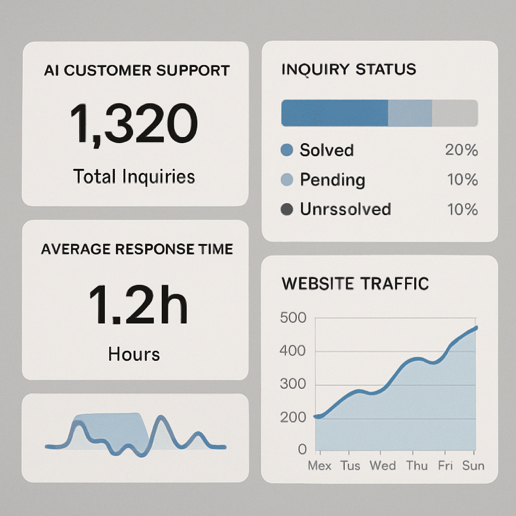 Business analytics dashboard showing AI customer support metrics, website traffic statistics, and inquiry management data.