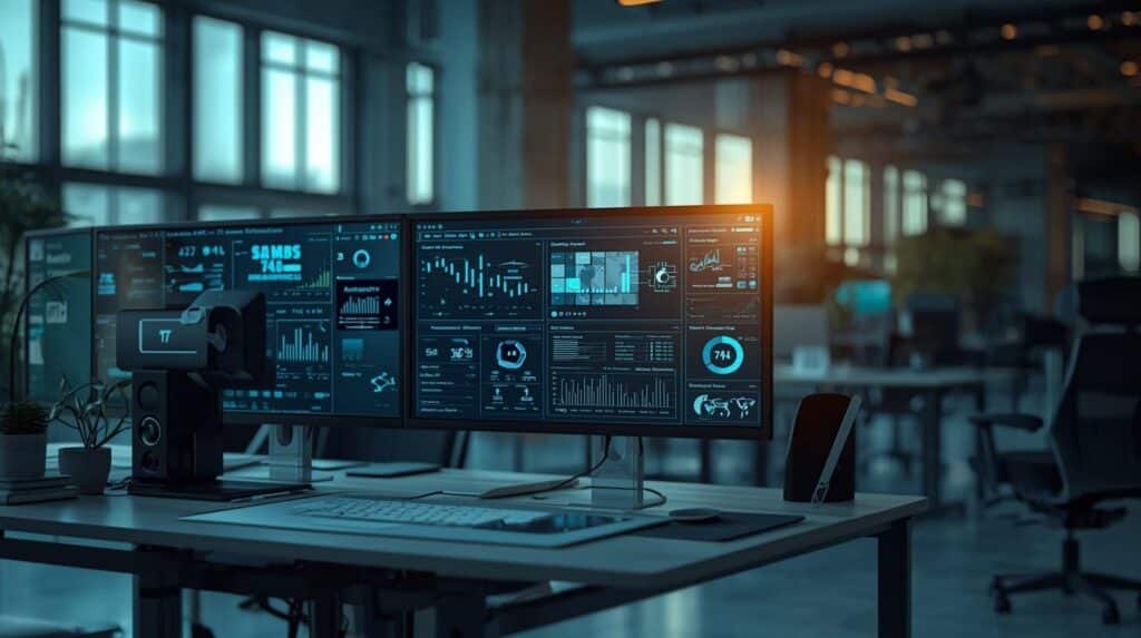 Modern workplace using AI-powered business automation software and digital workflow management systems.