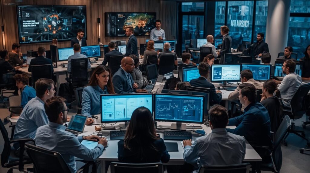 Professionals developing Ethical AI systems using fairness, transparency, accountability, and governance frameworks in a modern workplace.
