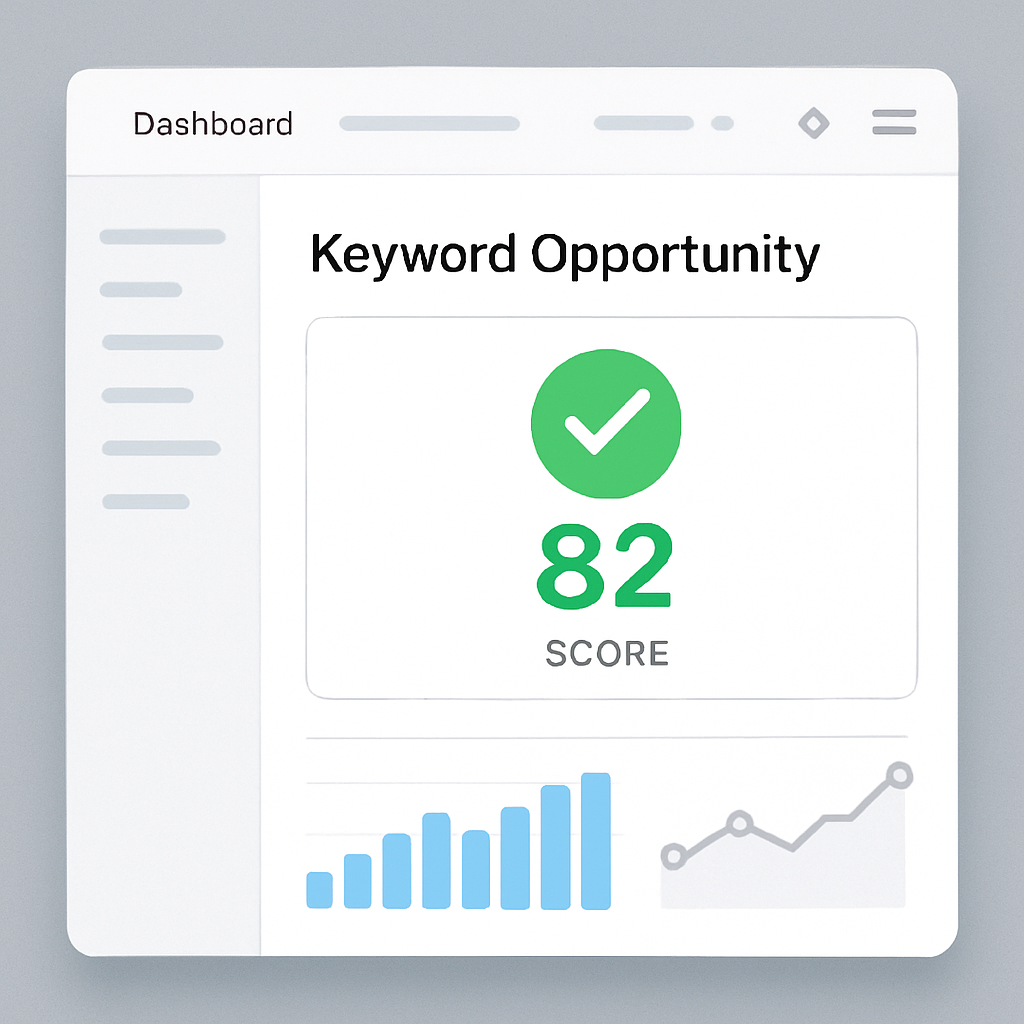 AI-powered keyword research dashboard showing keyword opportunity score, SEO analytics charts, and search trend data for digital marketing strategy