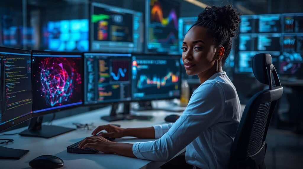 Professional using Generative AI tools to create content and analyze data in a modern technology workplace.