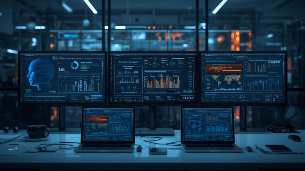 AI ethics specialist reviewing Generative AI systems, transparency metrics, and responsible AI governance in a modern workplace.