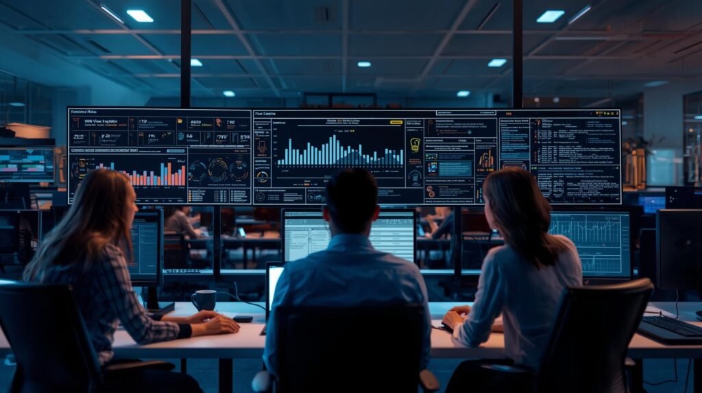 AI ethics specialist reviewing Generative AI systems, transparency metrics, and responsible AI governance in a modern workplace.
