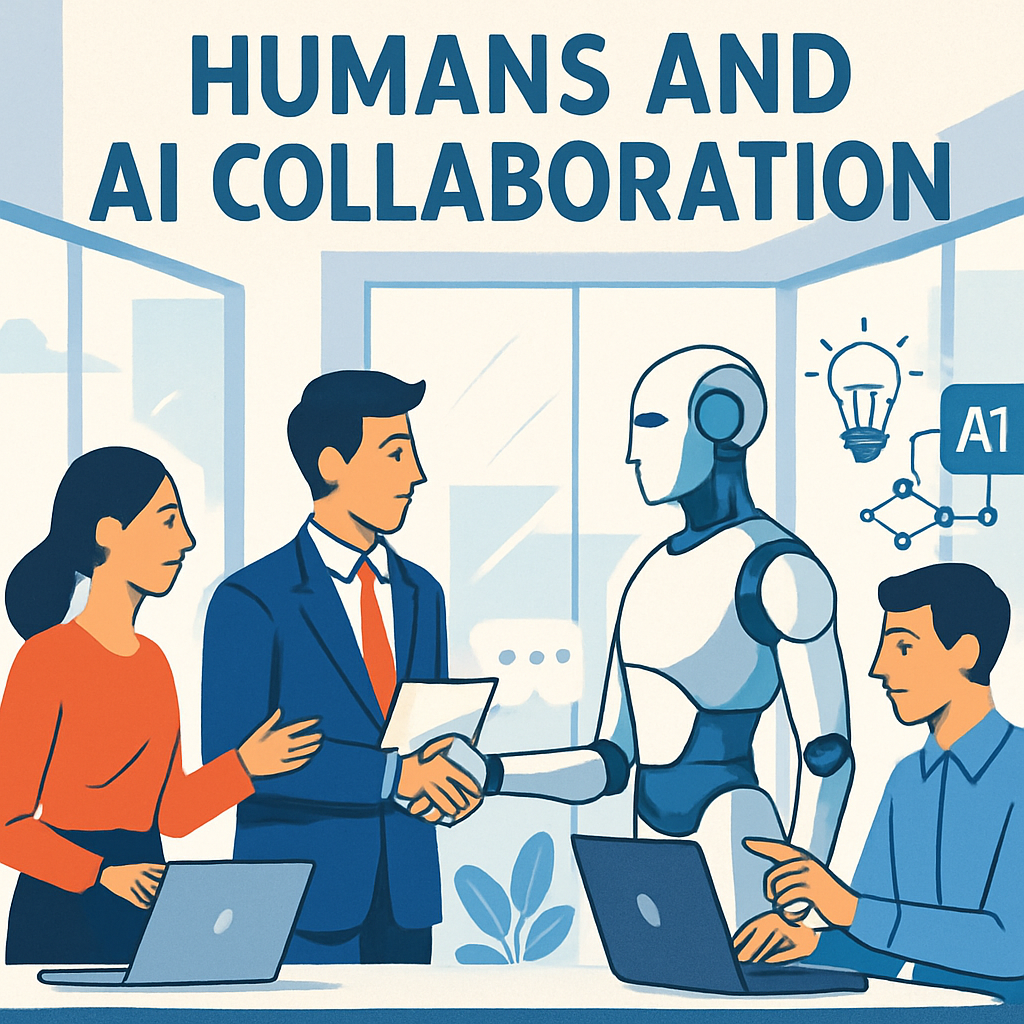 Illustration showing humans and AI collaboration in a workplace, highlighting responsible AI development, teamwork, trust, and innovation.
