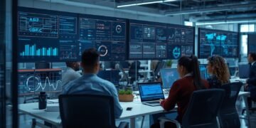 AI ethics specialist reviewing Generative AI systems, transparency metrics, and responsible AI governance in a modern workplace.