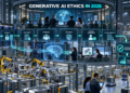 Generative AI ethics: Enterprise AI governance center supervising privacy, accuracy, fairness, security, human oversight and accountability in an automated factory.