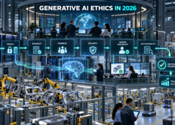 Generative AI ethics: Enterprise AI governance center supervising privacy, accuracy, fairness, security, human oversight and accountability in an automated factory.
