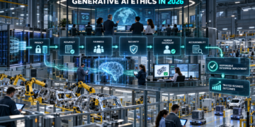 Generative AI ethics: Enterprise AI governance center supervising privacy, accuracy, fairness, security, human oversight and accountability in an automated factory.