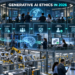 Generative AI ethics: Enterprise AI governance center supervising privacy, accuracy, fairness, security, human oversight and accountability in an automated factory.