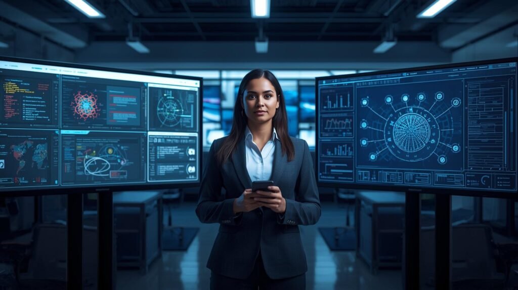 AI engineer comparing Generative AI and Reinforcement Learning systems using advanced analytics dashboards in a modern workplace.