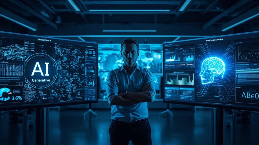 AI engineer comparing Generative AI and Reinforcement Learning systems using advanced analytics dashboards in a modern workplace.
