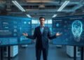 AI engineer comparing Generative AI and Reinforcement Learning systems using advanced analytics dashboards in a modern workplace.