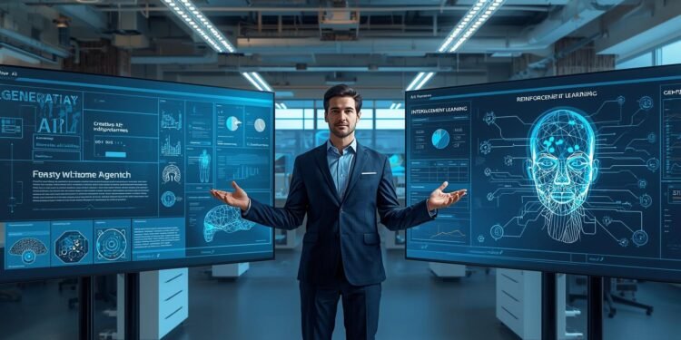 AI engineer comparing Generative AI and Reinforcement Learning systems using advanced analytics dashboards in a modern workplace.