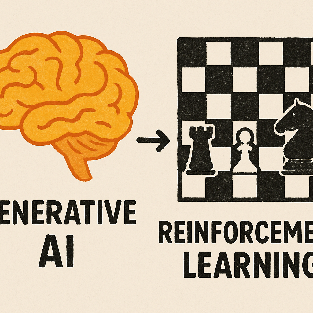 "Illustration comparing Generative AI and Reinforcement Learning, showing a brain icon representing content generation and a chessboard representing decision-making and strategic learning."