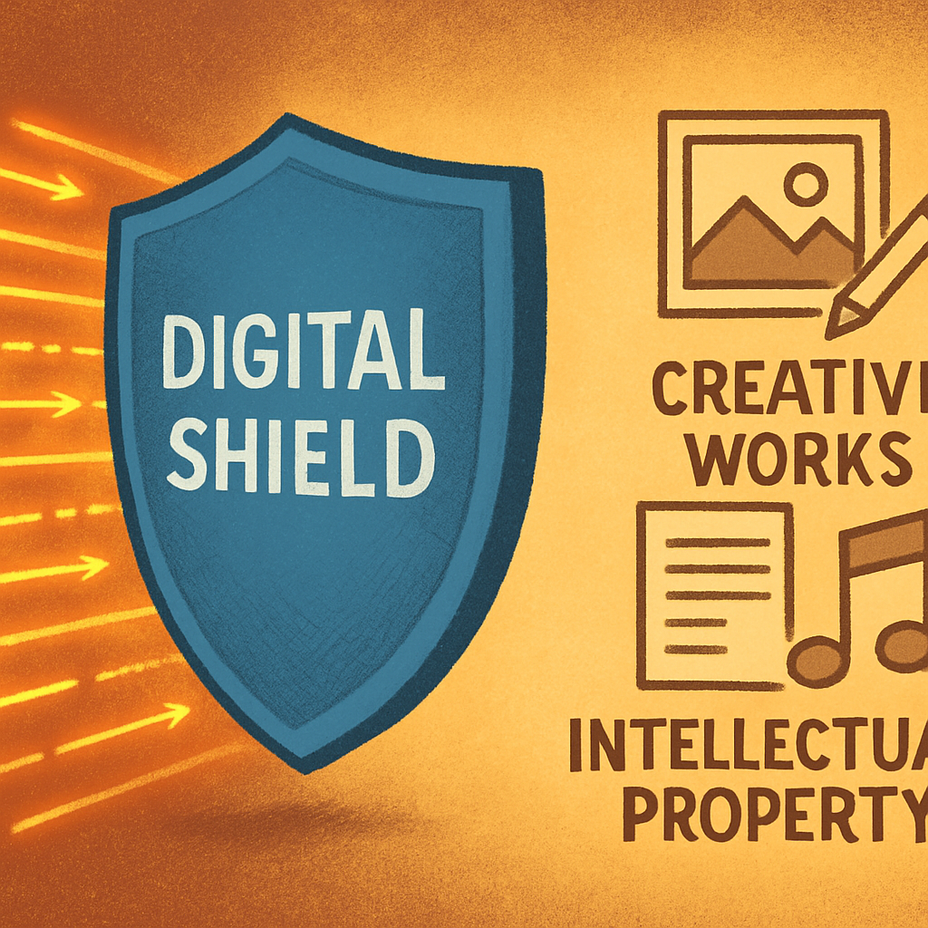 Digital shield protecting creative works and intellectual property, representing AI security risks, copyright protection, and responsible content generation.