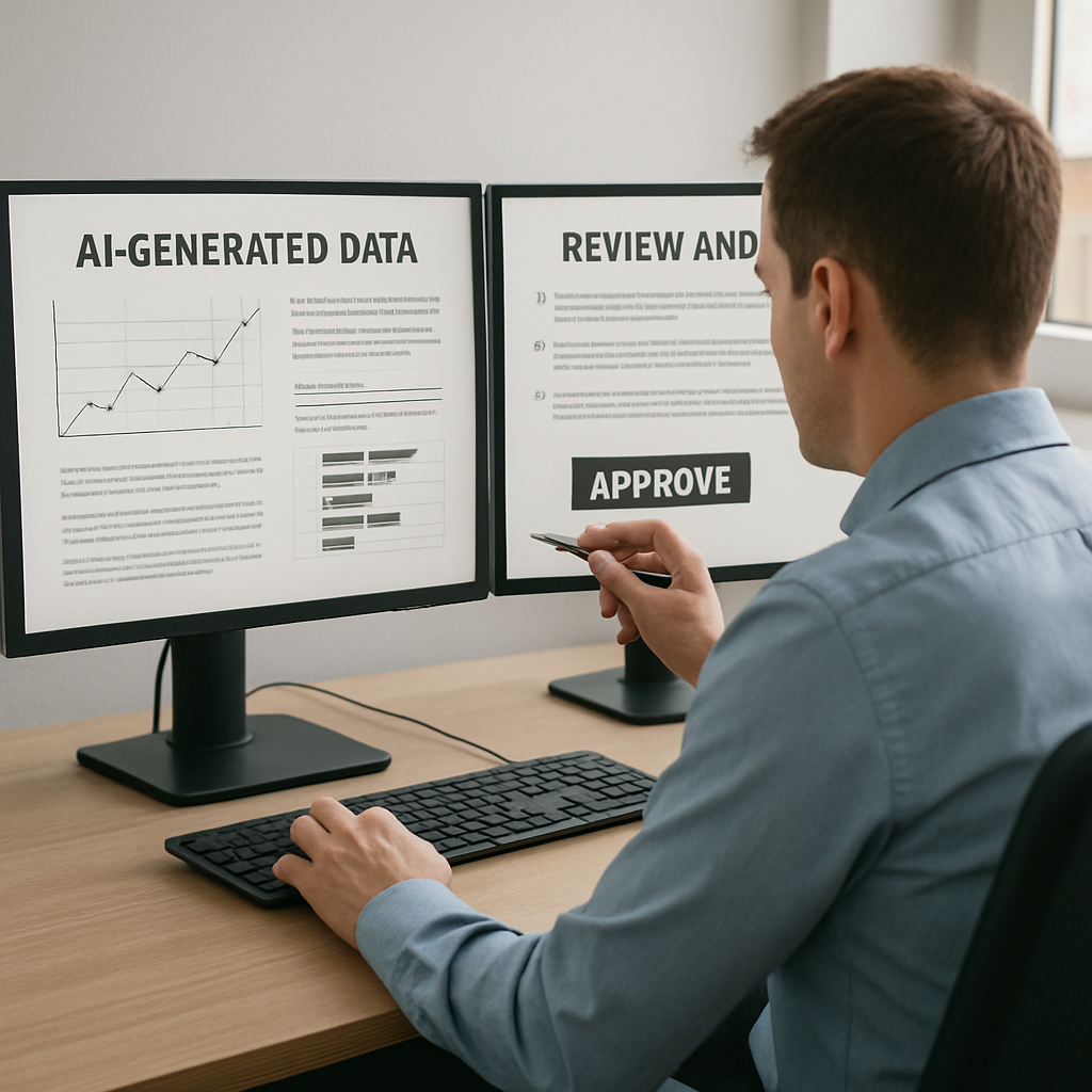 Professional reviewing AI-generated data and reports on dual monitors, demonstrating human oversight, AI governance, and ethical AI implementation practices.