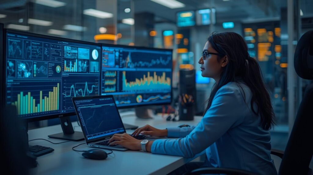 Data scientist analyzing machine learning models and predictive analytics in a modern AI-powered workplace.