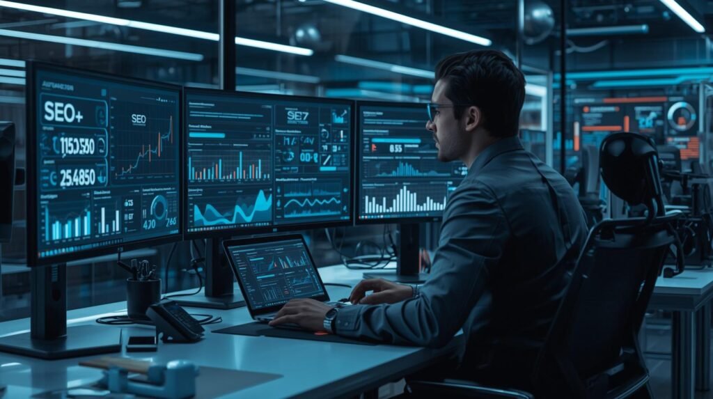 SEO analyst using machine learning SEO tools and AI-powered search analytics in a modern workplace.