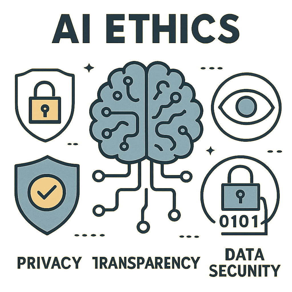Illustration representing AI ethics, data security, privacy protection, and transparency in artificial intelligence technology.