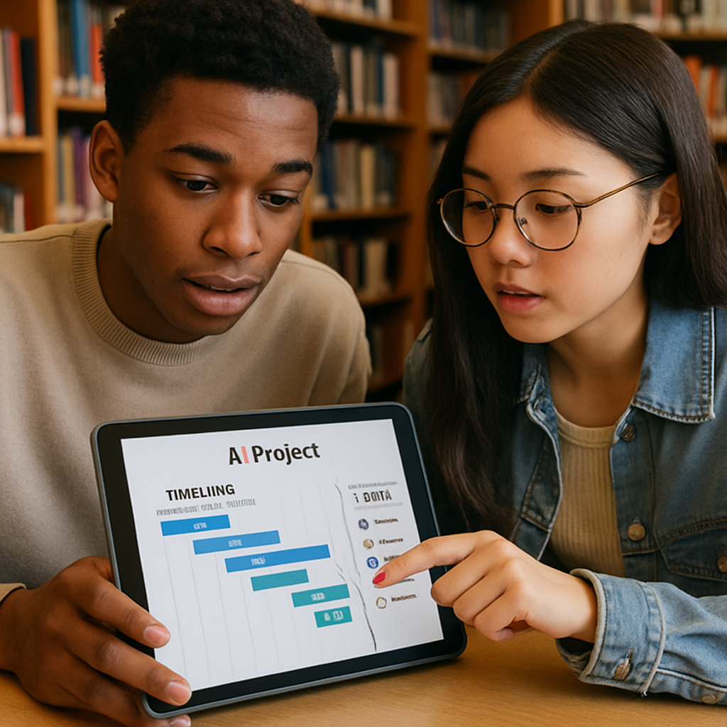 Two students reviewing an AI project management dashboard on a tablet in a library study environment.