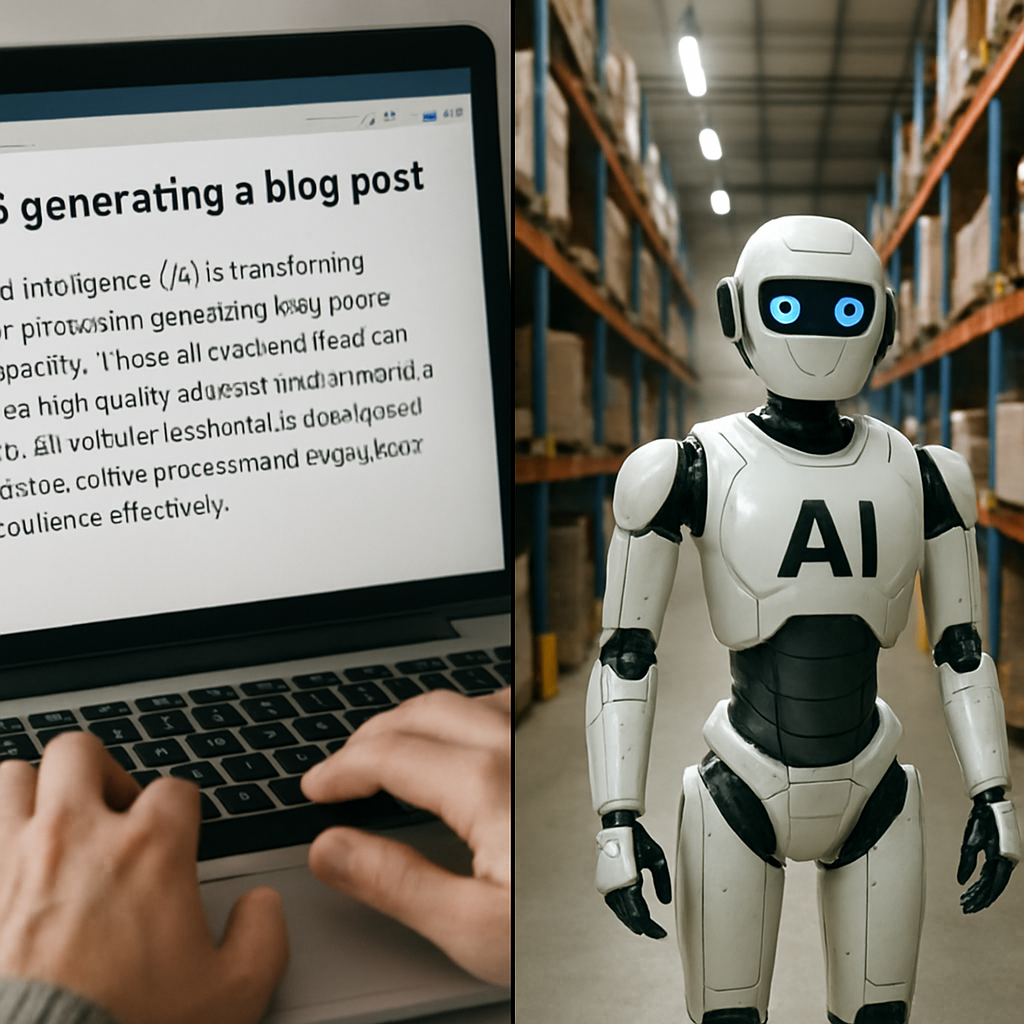 "Real-world AI applications featuring Generative AI creating blog content on a laptop and an AI-powered robot operating in a warehouse environment."