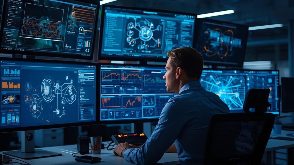 AI engineer monitoring a reinforcement learning system with real-time training analytics and decision-making dashboards in a modern workplace.