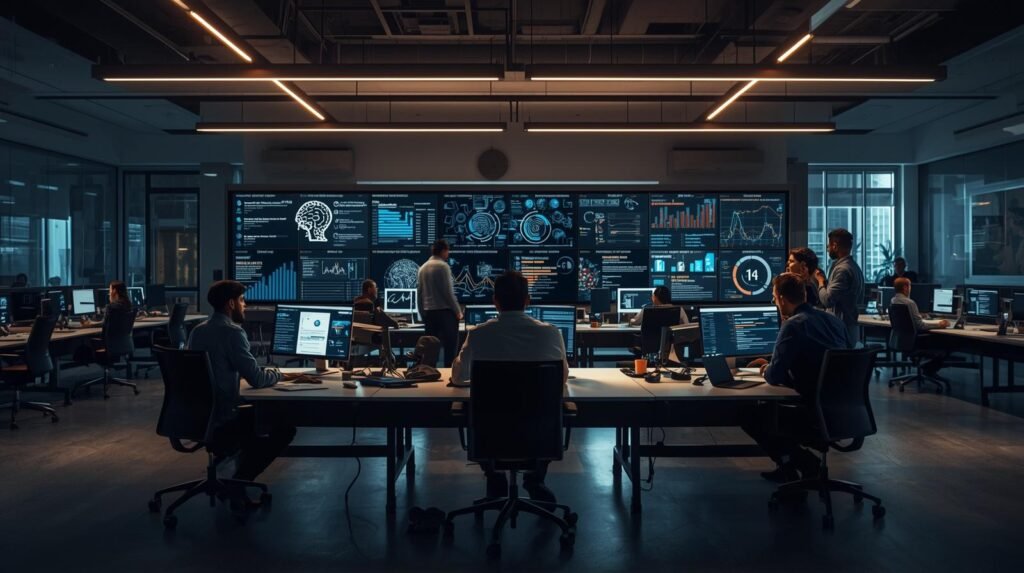 Professionals implementing Responsible AI practices with governance, transparency, fairness, and risk management tools in a modern workplace.