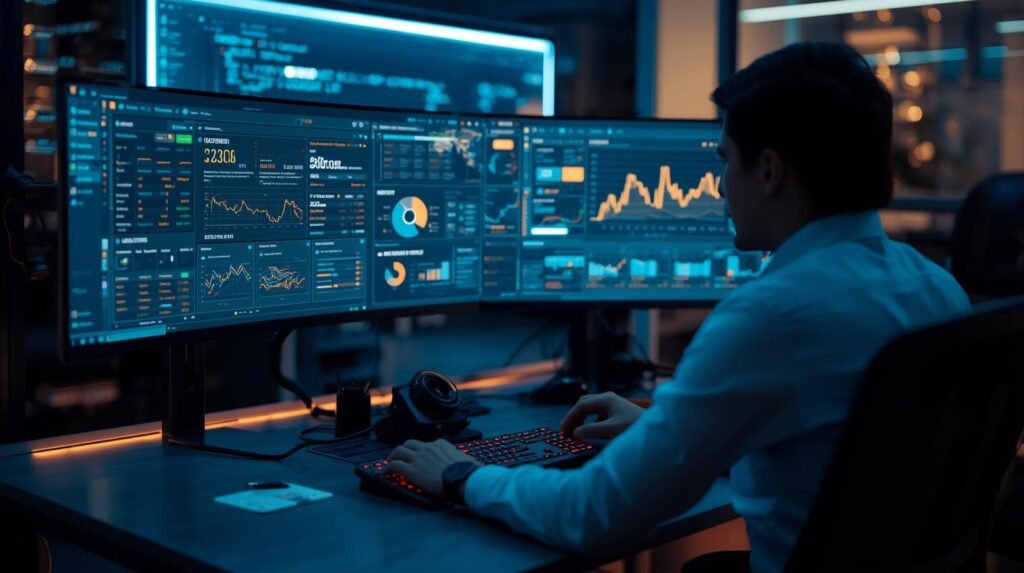 Digital marketer using SEO automation tools and AI analytics in a modern professional workspace.