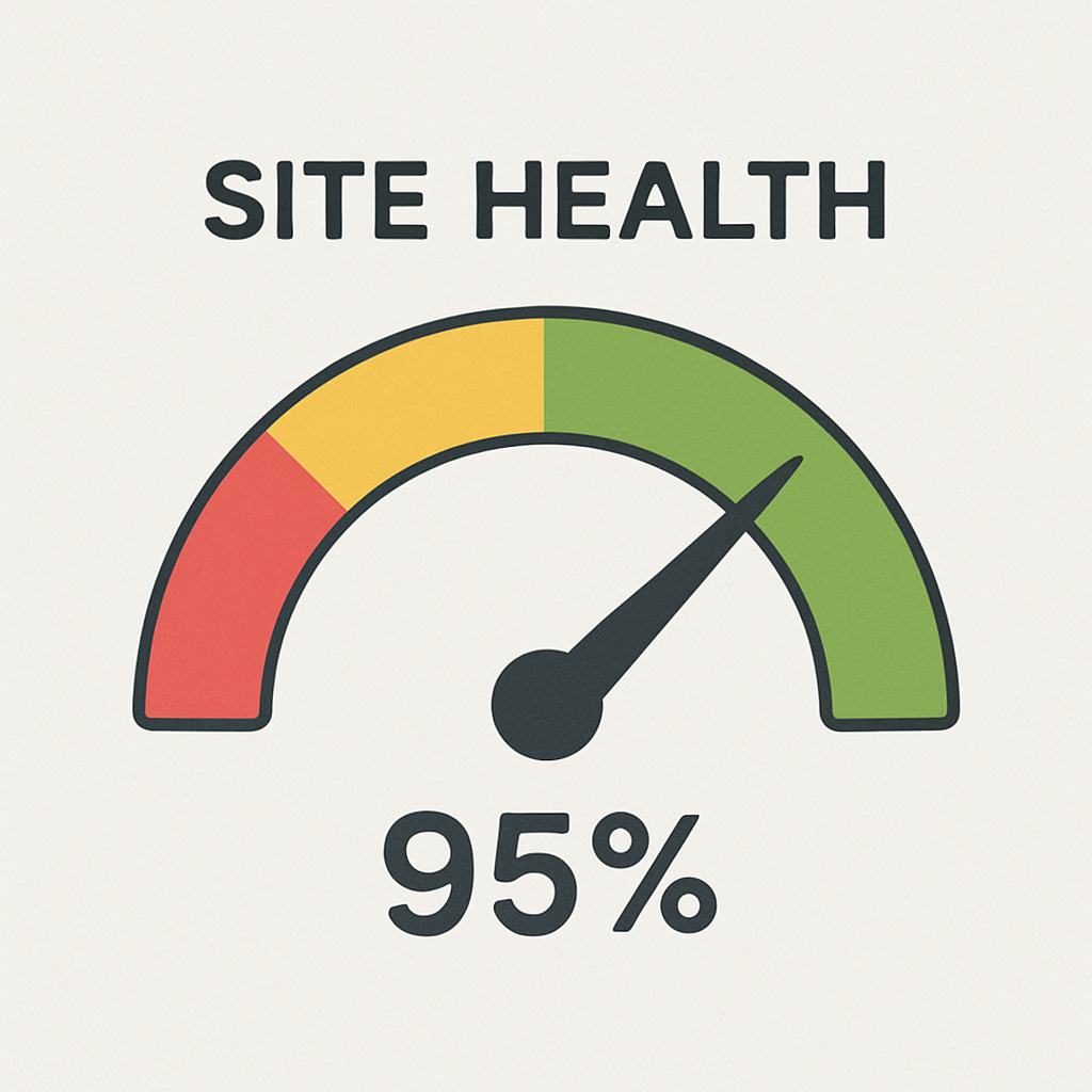 Website SEO health performance gauge showing 95 percent site health score for technical SEO optimization and website audits