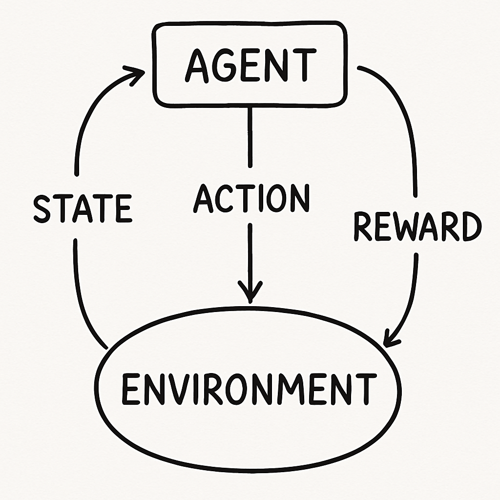 "Reinforcement Learning diagram showing the interaction between an AI agent and its environment through actions, states, and rewards."