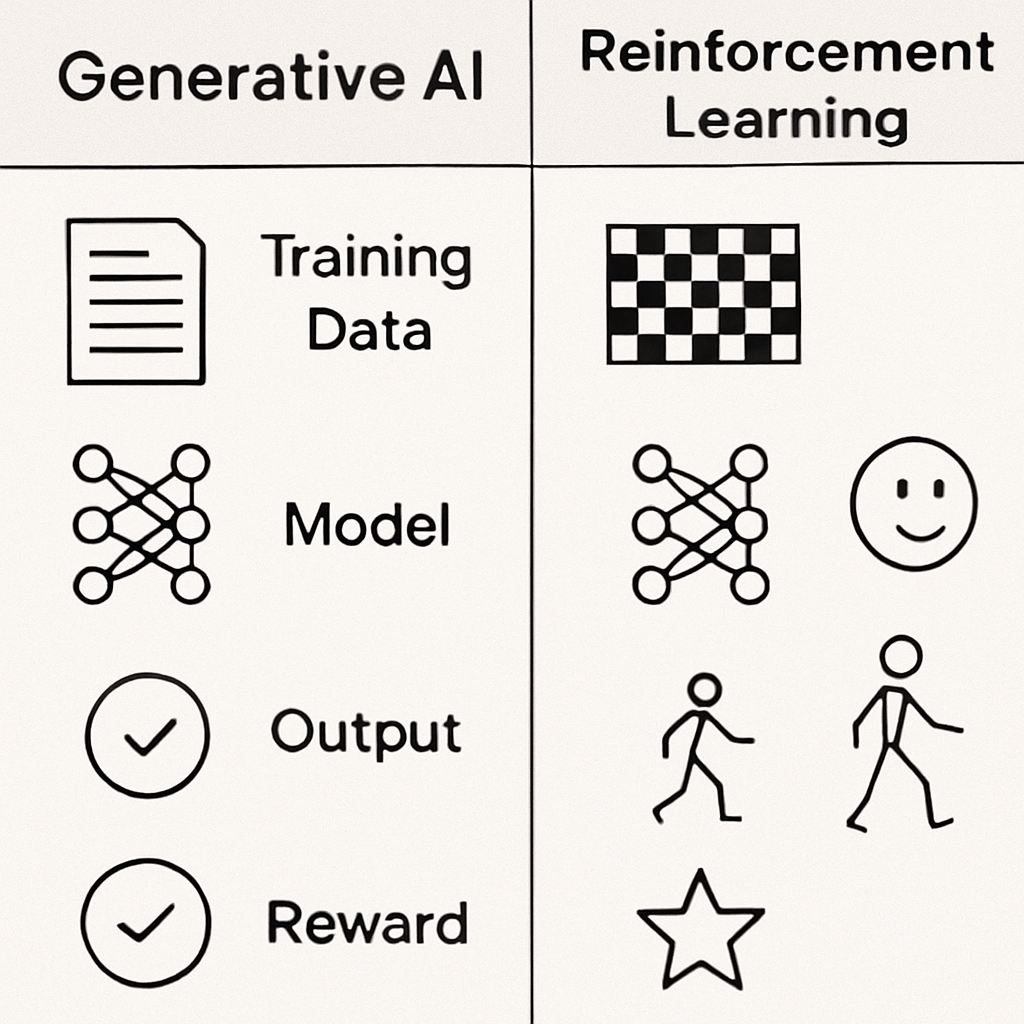 "Comparison chart of Generative AI and Reinforcement Learning showing differences in training data, models, outputs, and reward-based learning processes."