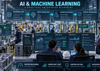 AI and Machine Learning: Engineers and business leaders supervising governed data, machine learning operations, human validation and secure integration inside a smart factory.