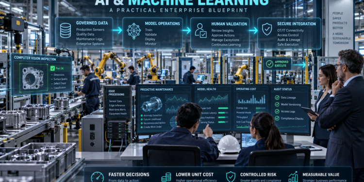 AI and Machine Learning: Engineers and business leaders supervising governed data, machine learning operations, human validation and secure integration inside a smart factory.