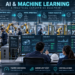 AI and Machine Learning: Engineers and business leaders supervising governed data, machine learning operations, human validation and secure integration inside a smart factory.