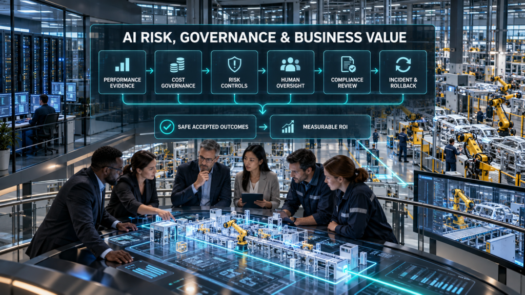 Enterprise team governing AI performance, deployment costs, technical risks, human oversight, compliance review, incident response, and measurable ROI.