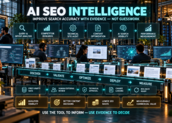 AI SEO tools for entrepreneurs: Entrepreneurs and SEO specialists monitoring query intent, competitor research, technical audits, content optimization, AI-search visibility, and performance measurement inside a unified digital-production workspace.