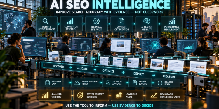 AI SEO tools for entrepreneurs: Entrepreneurs and SEO specialists monitoring query intent, competitor research, technical audits, content optimization, AI-search visibility, and performance measurement inside a unified digital-production workspace.