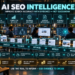 AI SEO tools for entrepreneurs: Entrepreneurs and SEO specialists monitoring query intent, competitor research, technical audits, content optimization, AI-search visibility, and performance measurement inside a unified digital-production workspace.